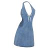 21xaimky3fL.jpg Women's Bow Halter Mini Jean Dress Lace Trim Sleeveless Backless Denim Dresses