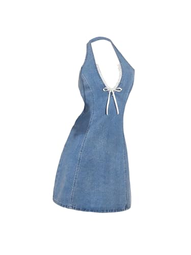 21xaimky3fL.jpg Women's Bow Halter Mini Jean Dress Lace Trim Sleeveless Backless Denim Dresses