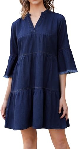 31-eY7CSHL.jpg Women's Denim Dress V Neck Tiered Jean Dress Flowy Babydoll Dresses