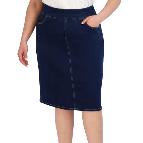 31-sV3lHbtL.jpg Pull On Knit Denim Skirt for Women - Easy to Put On & Take Off Jean Skirt - Skirt w/Pockets & Comfort Waist Band