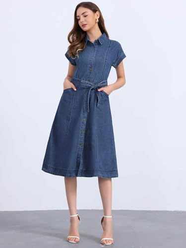 310ASRZjz0L.jpg Denim Shirt Dress for Women's Casual Button Down Short Sleeves Belted Jean Midi Dress 2025 Trendy Outfits