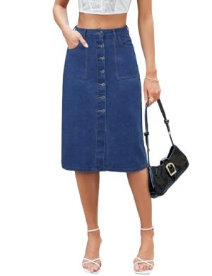 Denim Skirt Women Long Jean Skirts Stretch High Waisted Button Down Front Slit A Line with Pockets