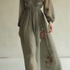 313hoiMgaLL.jpg Womens Green Tulle Floral Beach Cover Up Sundresses with Belt Long Sleeves V Neck Summer Ruffle Tiered Dresses