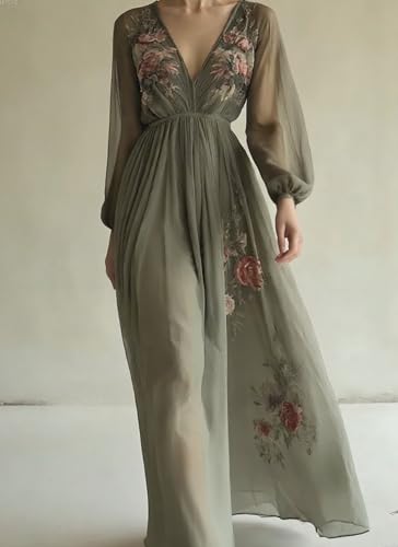 313hoiMgaLL.jpg Womens Green Tulle Floral Beach Cover Up Sundresses with Belt Long Sleeves V Neck Summer Ruffle Tiered Dresses