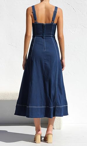313lIgofQXL.jpg Women's Summer Adjustable Strap Sleeveless Midi Denim Dress Button Down A-Line Swing Flowy Jean Dress