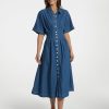 316trXcz4mL.jpg Women's Summer Denim Shirt Dress Lapel V Neck Short Sleeve Midi Jean Dress Button Down Long Dresses