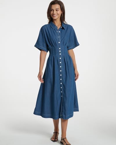 316trXcz4mL.jpg Women's Summer Denim Shirt Dress Lapel V Neck Short Sleeve Midi Jean Dress Button Down Long Dresses