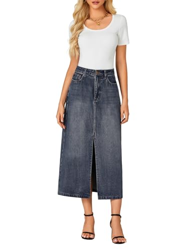 3177zMgxwlL.jpg Women's High Waisted Jean Skirt Casual Split Denim Midi Skirt with Pockets