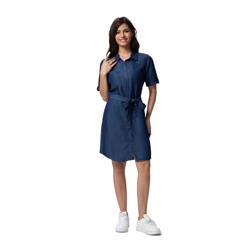 319LlcsBvlL.jpg Women's Denim Tie Waist Dress Button Down Short Sleeve Dresses Solid Casual Jean Pocket Dresses