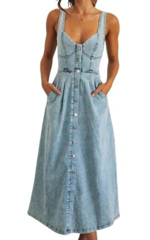 31AlBBEY7L.jpg Women's Summer Casual Button Down Denim Dress Sleeveless Slim Fit Midi A-Line Jean Dress