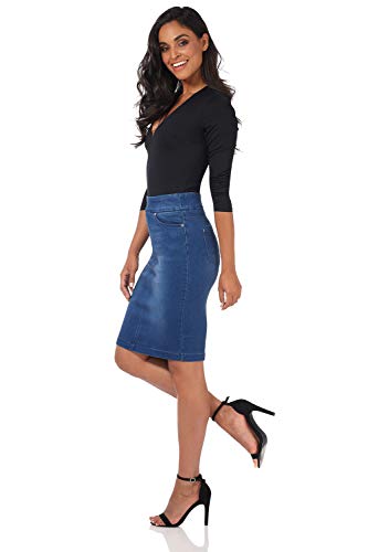 31BS3i3oCxL.jpg Women’s Ease into Comfort Pull-On Stretch Denim Skirt – Soft Jean Fabric, Flattering Slim Fit, All-Day Comfort