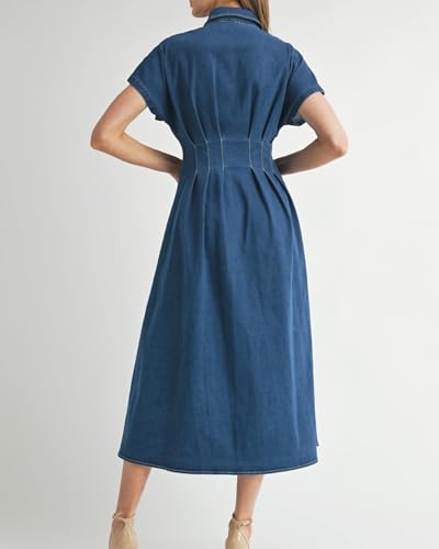 31CucqFw2lL.jpg Women's Summer Denim Shirt Dress Lapel V Neck Short Sleeve Midi Jean Dress Button Down Long Dresses
