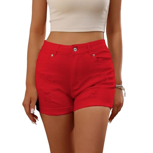31E6LidTFxL.jpg Women's Denim Shorts High Rise Stretchy Distressed Jorts Denim Raw Hem Jean Shorts with Pockets Summer Casual