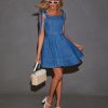 31EE0DAnkzL.jpg Denim Dress for Women Tie Shoulder Straps Sleeveless Backless Ruffle A Line Swing Babydoll Mini Jean Dresses