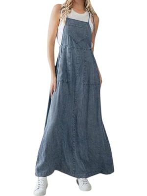 Women's 2025 Summer Spaghetti Strap Maxi Long Denim Dress Swing Flowy Jean Jumper Overall Dress
