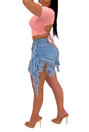 Jean Shorts for Women Juniors, Summer High Waisted Stretchy Frayed Raw Hem Tassels Denim Shorts