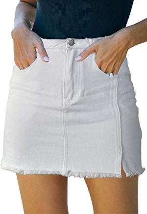 Women’s Denim Mini Skirt High Waist Casual Split Hem Washed Frayed A-line Jean Skirts with Pocket for Women