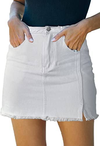 31HhjEesyL.jpg Women’s Denim Mini Skirt High Waist Casual Split Hem Washed Frayed A-line Jean Skirts with Pocket for Women
