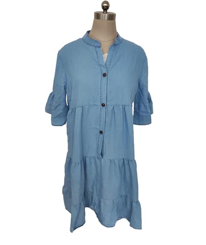 31I715SvguL.jpg Women's Button Down Denim Dress Casual V Neck Ruffle Short Sleeve A Line Swing Babydoll Denim Shirt Tunic Dress