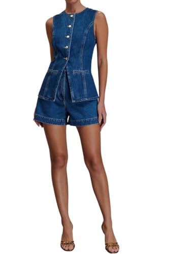 31InEtSQduL.jpg Women's Denim 2 Piece Set Casual Business Sleeveless Jean Blazer Vest Tops and Shorts Outfit Tracksuits