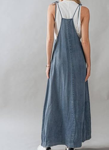 31KX3LTv7KL.jpg Women's 2025 Summer Spaghetti Strap Maxi Long Denim Dress Swing Flowy Jean Jumper Overall Dress