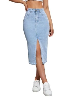 31KYqepa8VL.jpg High Waisted Front Split Midi Denim Skirt Casual Stretch Knee Length A line Jean Skirt for Women