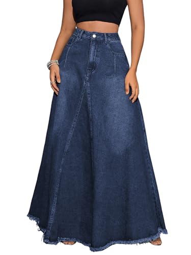 31KcCXzXffL.jpg Women's Retro Distressed High Waist Frayed Hem A Line Wash Maxi Long Denim Skirt with Pockets