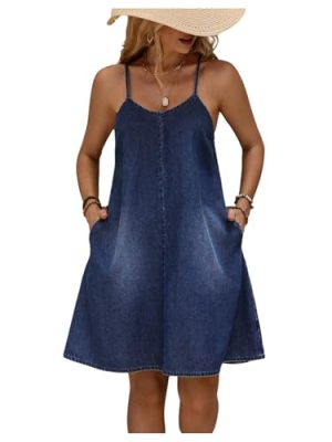 31L0FxzRjmL.jpg Women's Sleeveless Denim Cami Dress Scoop Neck Mini Dresses with Slant Pockets