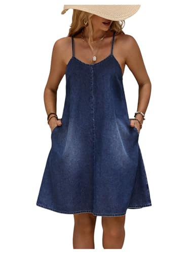 31L0FxzRjmL.jpg Women's Sleeveless Denim Cami Dress Scoop Neck Mini Dresses with Slant Pockets