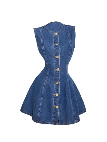 31OFp0iH7wL.jpg Women's Button Down Sleeveless Jean Dress Y2k A Line Short Denim Dresses