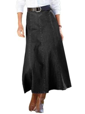 A-Line High Rise Vintage Wash Stitch Detail Long Denim Skirt Without Belt
