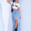 Ripped Raw Hem Flap Pocket Split Thigh Denim Skirt - Women's Loose Maxi Slit Skirt (Color : Light Wash, Size : 26)