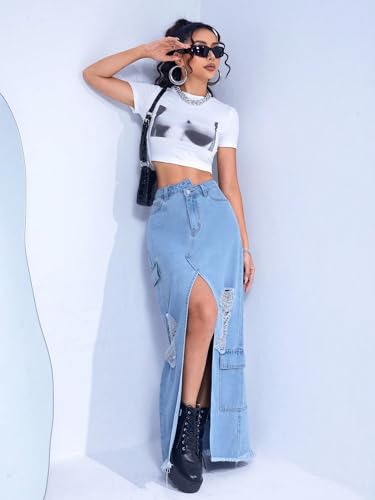 Ripped Raw Hem Flap Pocket Split Thigh Denim Skirt - Women's Loose Maxi Slit Skirt (Color : Light Wash, Size : 26)