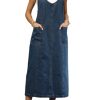 31PS-Txt3HL.jpg Women's V Neck Sleeveless Denim Overall Dress Adjustable Strap Vintage Back Slit Midi Jean Dress with Pockets