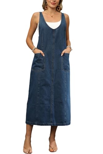 31PS-Txt3HL.jpg Women's V Neck Sleeveless Denim Overall Dress Adjustable Strap Vintage Back Slit Midi Jean Dress with Pockets