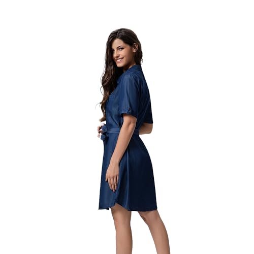 31R0Bdq0YxL.jpg Women's Denim Tie Waist Dress Button Down Short Sleeve Dresses Solid Casual Jean Pocket Dresses