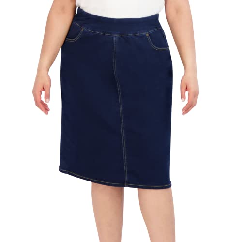 31ReKaRVW1L.jpg Pull On Knit Denim Skirt for Women - Easy to Put On & Take Off Jean Skirt - Skirt w/Pockets & Comfort Waist Band