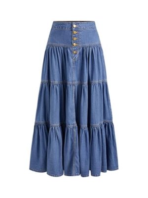 Women’s Long Jean Denim Tiered Button Down High Waisted Maxi Skirts