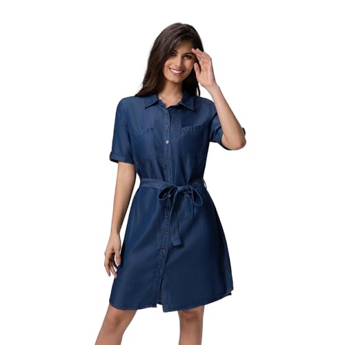 31SN1IuFJPL.jpg Women's Denim Tie Waist Dress Button Down Short Sleeve Dresses Solid Casual Jean Pocket Dresses