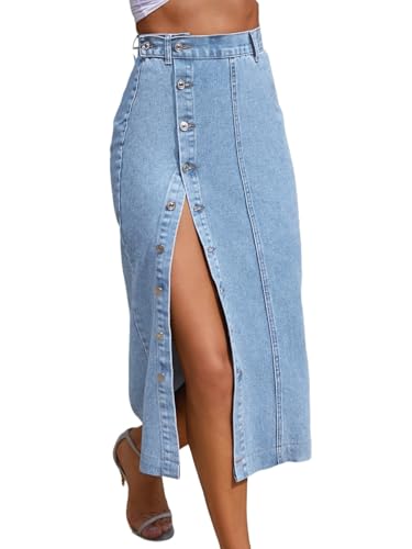 31U4gG3hSEL.jpg Trendy High Waisted Denim Skirt for Women Button Front Slit Midi Skirt for Ladies Fashion 2025 Summer