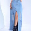 Ripped Raw Hem Flap Pocket Split Thigh Denim Skirt - Women's Loose Maxi Slit Skirt (Color : Light Wash, Size : 26)