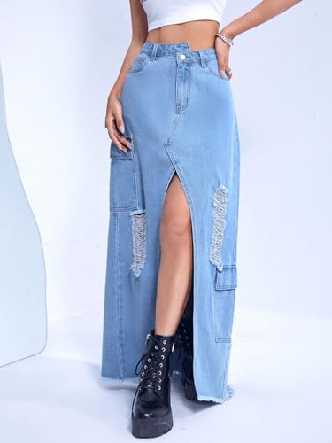 Ripped Raw Hem Flap Pocket Split Thigh Denim Skirt - Women's Loose Maxi Slit Skirt (Color : Light Wash, Size : 26)