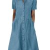 Womens Denim Dress Lapel Short Sleeve Frayed Hem Jean Dresses Oversized Button Down A Line Shirt Dress
