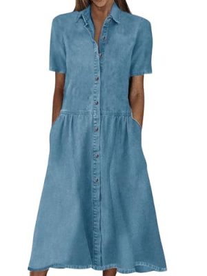 Womens Denim Dress Lapel Short Sleeve Frayed Hem Jean Dresses Oversized Button Down A Line Shirt Dress