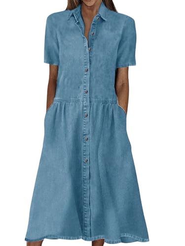 Womens Denim Dress Lapel Short Sleeve Frayed Hem Jean Dresses Oversized Button Down A Line Shirt Dress