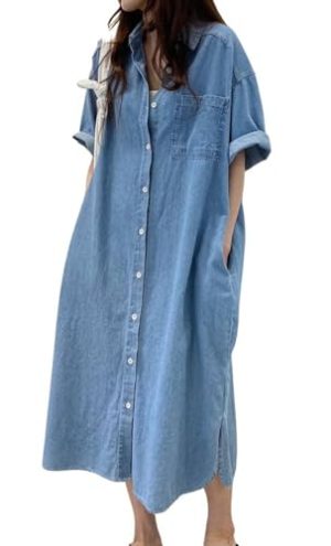 Women's Summer Casual Short Sleeve Long Denim Shirt Dress Casual Loose Button Down Jean Dress