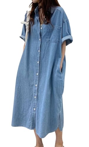 31XBbMO0IPL.jpg Women's Summer Casual Short Sleeve Long Denim Shirt Dress Casual Loose Button Down Jean Dress