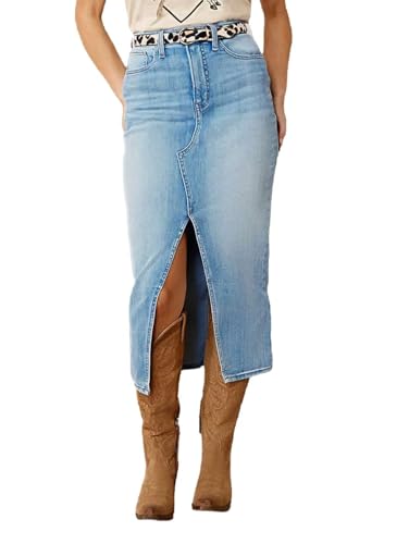 31ZPS9wPGEL.jpg Straight High Rise Vintage Zipped up Wash Split Thigh Midi Denim Skirt Without Belt