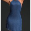 31cAxZhIG1L.jpg Women's Halter Tie Back Denim Dress Sleeveless Casual Short Dresses