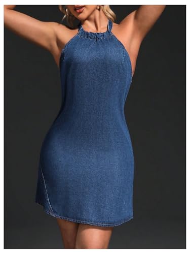 31cAxZhIG1L.jpg Women's Halter Tie Back Denim Dress Sleeveless Casual Short Dresses